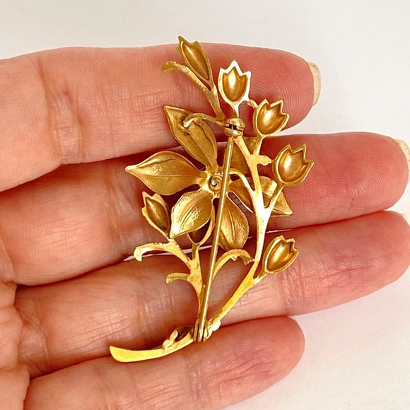 c1900 Andreas Daubs German Flower Seed Pearl 9K Double Gold Plate Antique Brooch - Picture 5 of 10